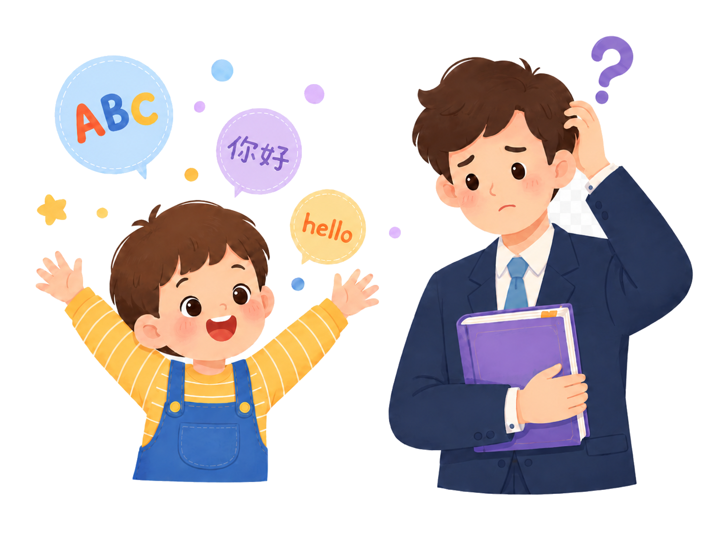 Niño feliz aprendiendo idiomas y adulto con dificultad
